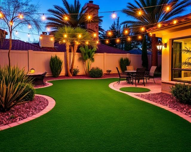 Backyard entertaining area with artificial grass
